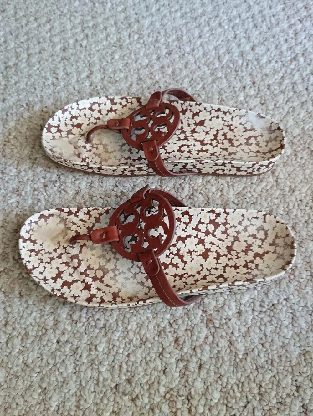 Tory Burch Miller Cloud leather sandals in a burnt cuoio floral print size 9.5